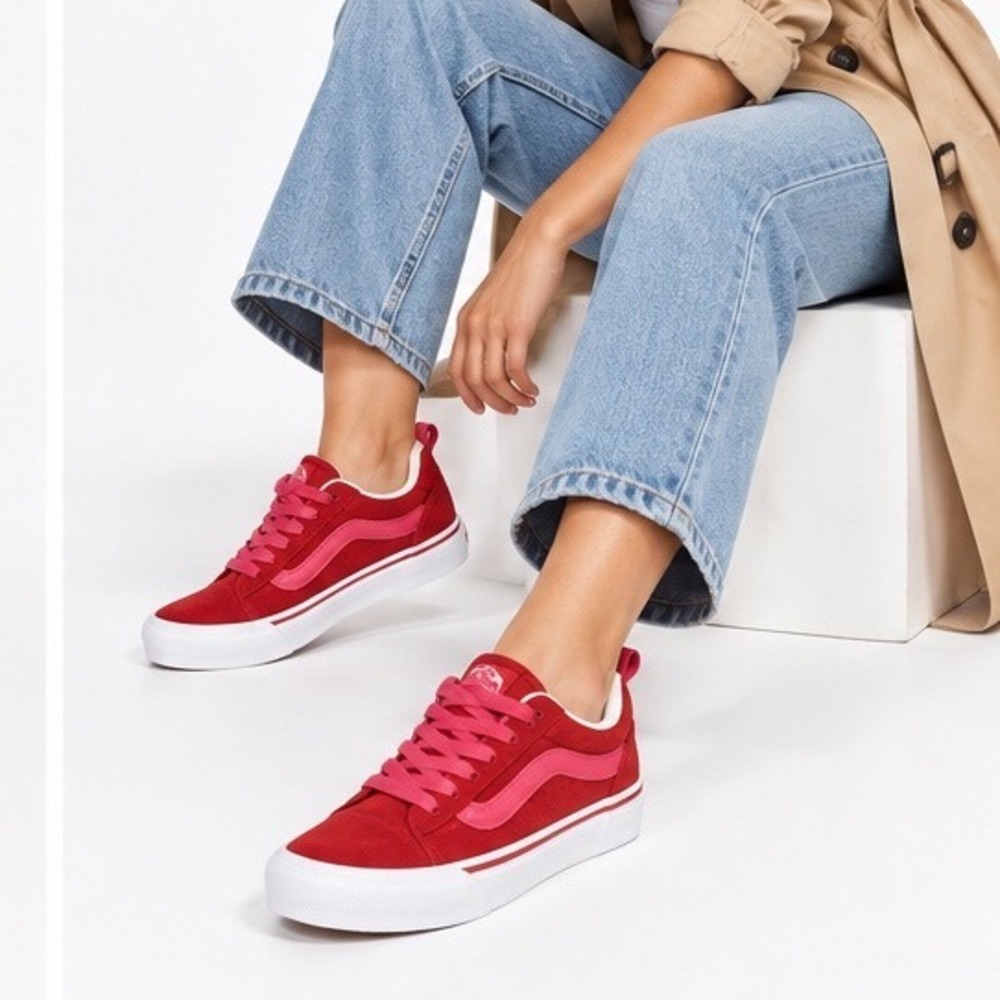 Vans Knu Skool Red Pink Suede Chunky Skate W7 M5.5 Streetwear Chic Comfy 118-06
